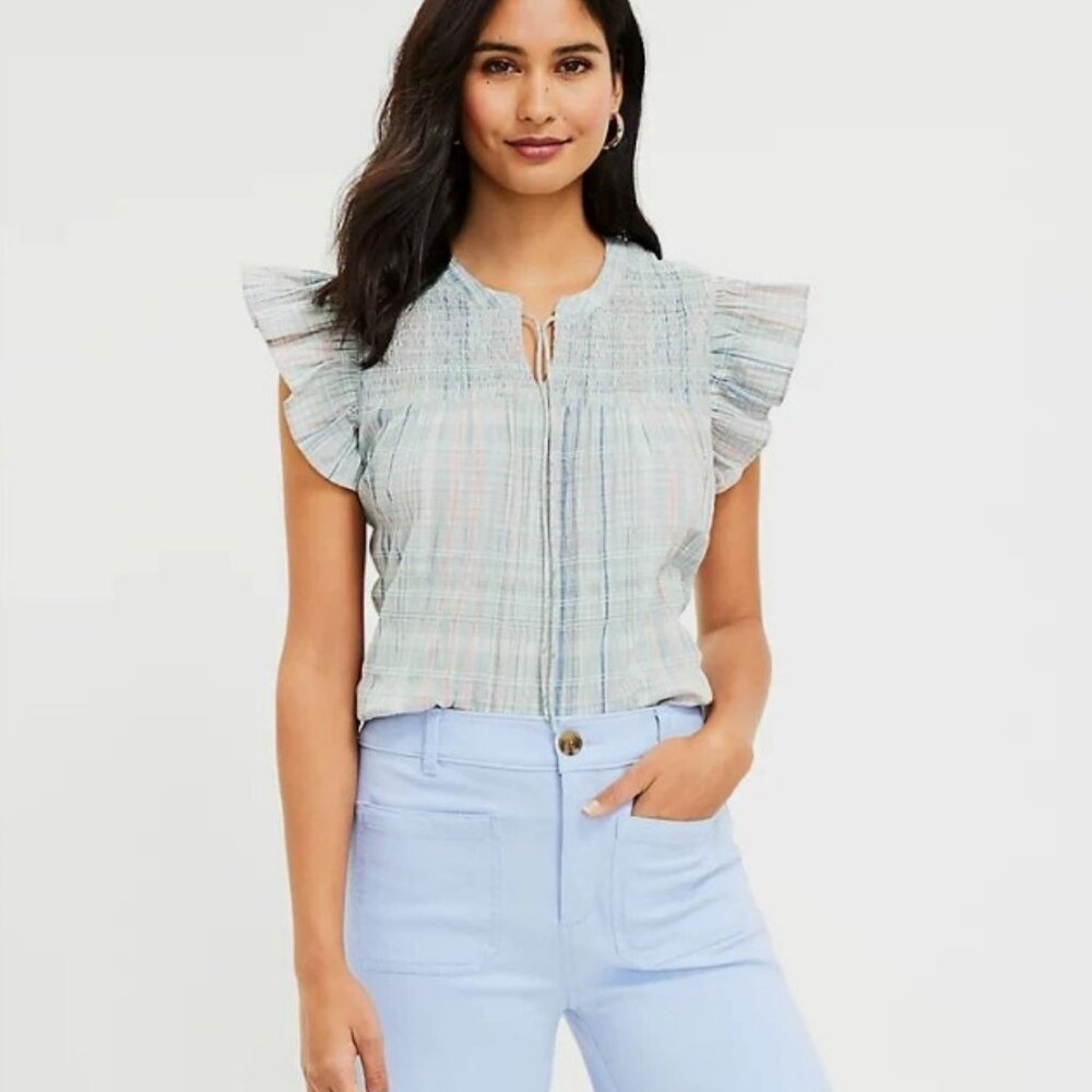 LOFT Green Plaid Top Blouse with Smocked Ruffle Neck Tie